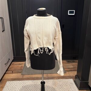Vintage GAP Distressed Cropped Cotton Sweater Boho Raw Hem Cream M